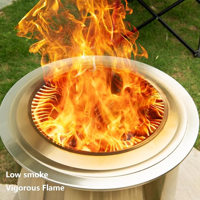 Smokeless Fire Pit,22 Inch Stainless Steel Firepit, Outdoor Wood Burning Fire Pit with Cover,Smokeless Firepits for Outside Backyard Patio Garden Camping Bonfire（Silver）