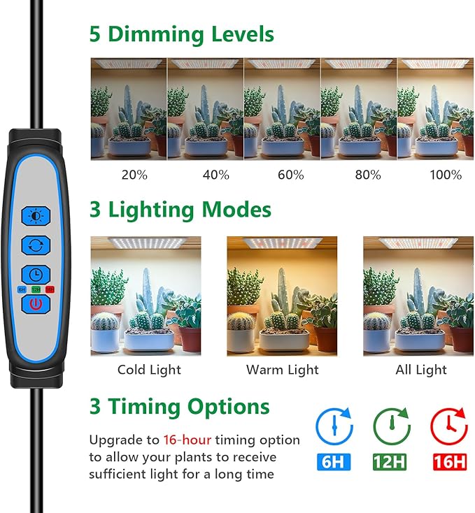 Grow Lights for Indoor Plants, 276 LED Full Spectrum Plant Light for Indoor Growing Seed Starting, 2 Pack Slim Grow Lamp with UL Adapter, 6/12/16H Timer, 3 Light Modes, 5 Dimmable