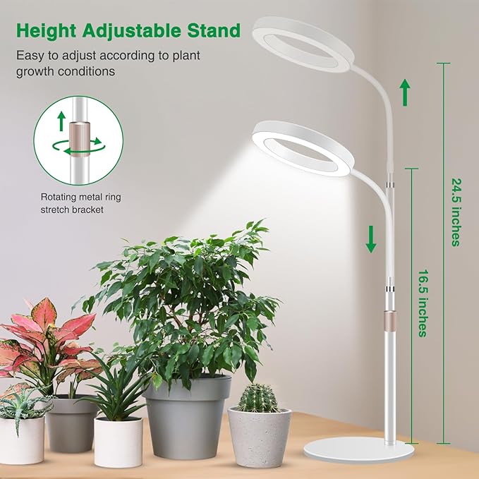Grow Lights for Indoor Plants, 80 LED Full Spectrum Desk Plant Light for Growing Small Plant, Height Adjustable 24.5" Halo Grow Lamp with Base, 6/12/16H Timer, 3 Light Modes, 5 Dimming
