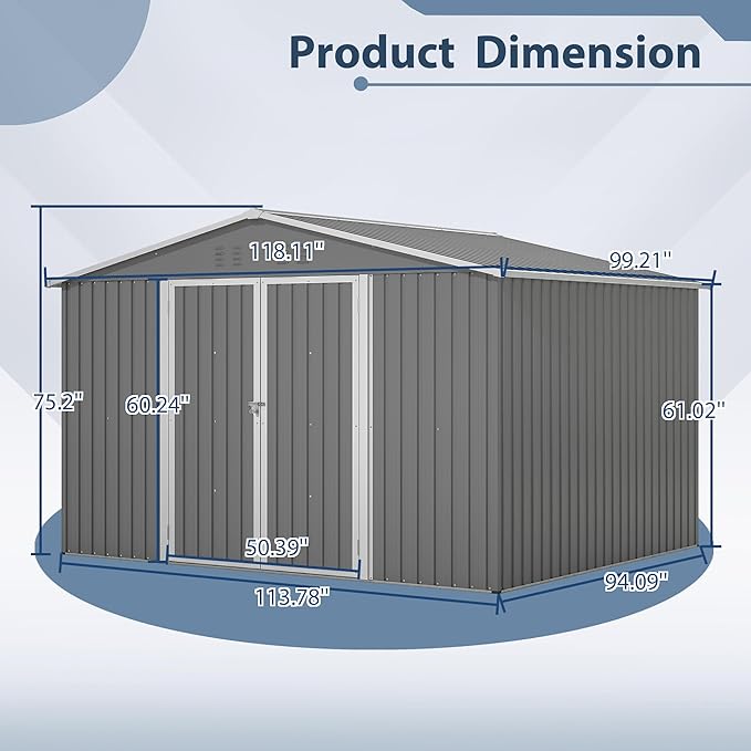 10X8 FT Outdoor Storage Shed, All Weather Metal Sheds with Lockable Doors, Tool Shed for Garden, Patio, Backyard, Lawn (Grey, 10x8ft)