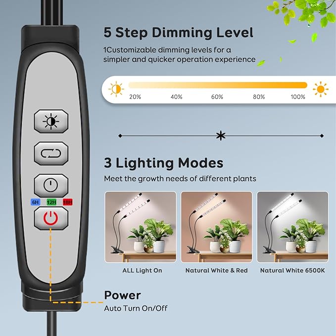 V-Shape Grow Lights for Indoor Plants Full Spectrum, 2 Heads LED Plant Lamps with Clips and 5 Dimmable Level and 6/12/18H Timer for Plant Growing(Pack 2)