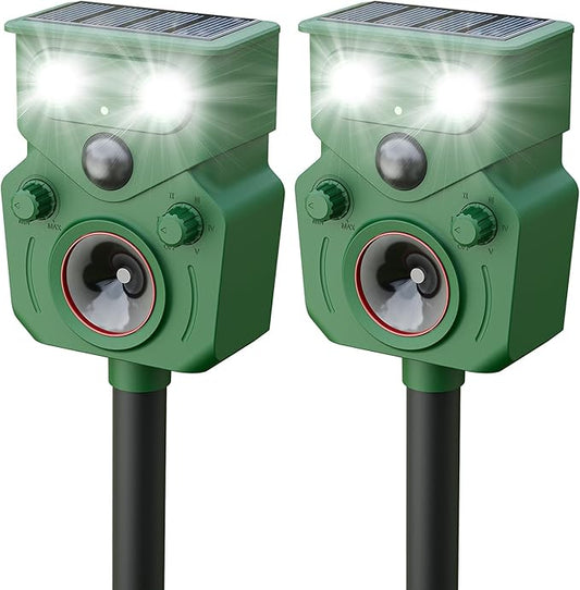 Ultrasonic Animal Repeller 2 Pack Solar Powered Squirrel Repeller Motion Sensor Deer Deterrent Rabbit Cat Dog Control Device with 5 Modes and Flashing Lights Outdoor Yard Lawn Orchard Garden