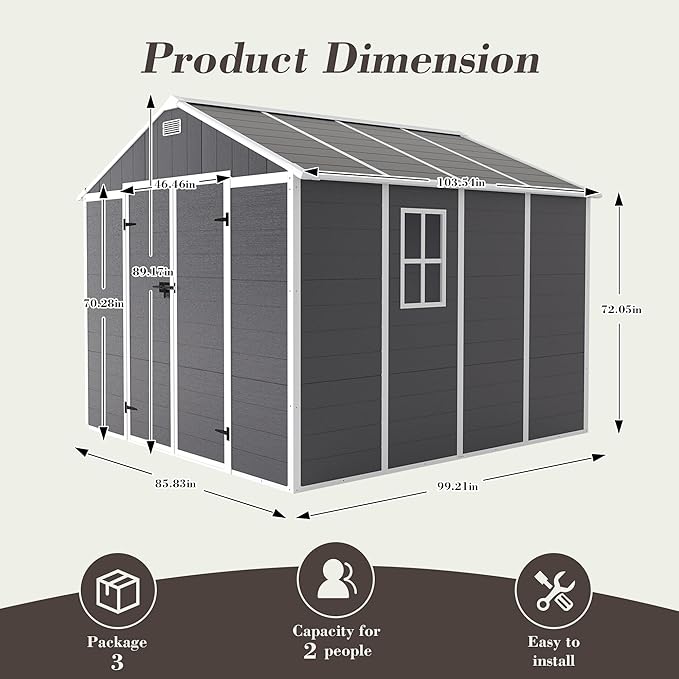 8x8 FT Resin Storage shed, Outdoor Storage Sheds with Floor, Window, Lockable Doors and Vents, 12mm Thick pp Board, Large Storage Space Tool Shed for Lawn, Backyard, Patio (Dark Gray, 8 * 8ft)