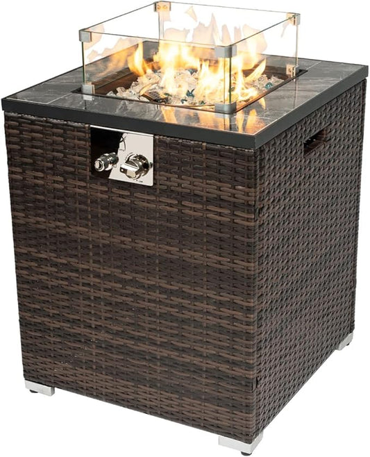 24in Outdoor Propane Gas Fire Pit Table, 40,000 BTU Auto-Ignition Gas Firepit with Glass Wind Guard, Marble Tile Tabletop, Mixed Color Glass Rocks, Brown PE Rattan