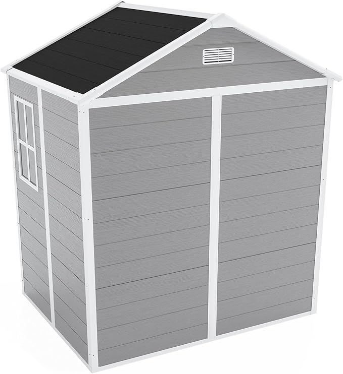 6x5 FT Resin Storage Shed,Garden House with Floor & Lockable Door,Waterproof Plastic Tool Sheds W/Slanting Roof Visual Window & Air Vents for Bicycles,Lawnmowers,Lawn,All Weather Use,Gray