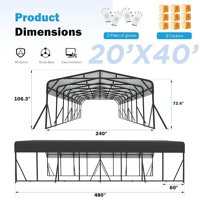 Carport Canopy 20’X40’ Heavy Duty Car Port Galvanized Steel Roof, Reinforced Stable Triangle Frame for Snowy Windy Metal Carports Enhanced Base Car Tent for Car,RV,Pickup,Boat,Truck,Tractor