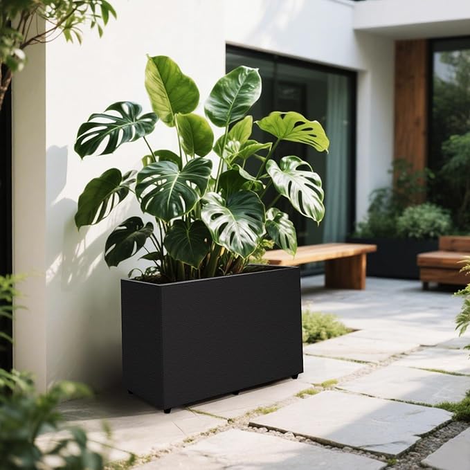 4 Pack Planter Box Rectangular Block - 24×16×12IN Galvanized Steel Long Planter Easy Installation Modern Outdoor Tall Planters All-Weather Use with Drainage Holes for Patio/Porch(Black)