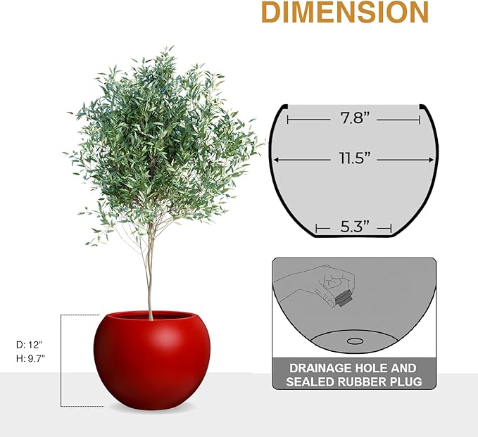 Globo Large Fiberstone Plant Pot, Large Planters for Indoor Plants, Outdoor Planters for Porch (Red, 12" D x 9.7" H)