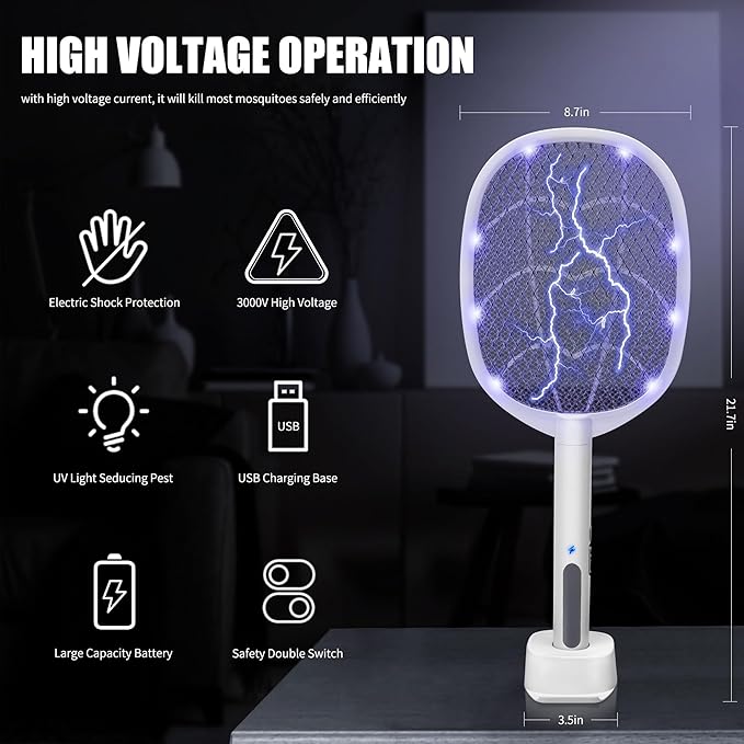 Lulu Home 2-in-1 Electric Bug Zapper Racket, 2 Pack 3000V High Voltage LED Lighted Handheld Mosquito Swatter with 3 Layer Safety Mesh, USB Charging Portable Fly Killer Racquet