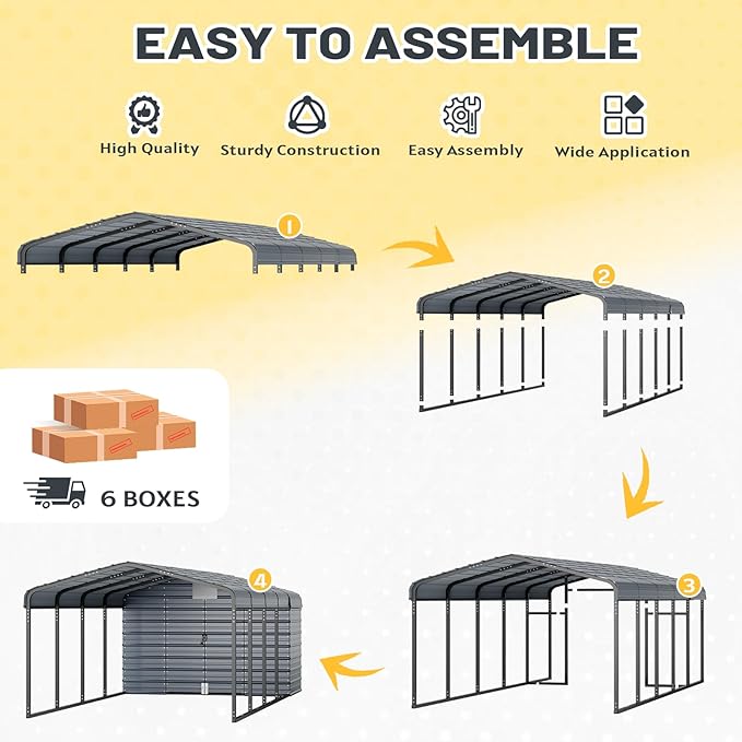 EROMMY 10x25 FT Carport Storage Shed 2-in-1, Heavy Duty Car Port with Galvanized Metal Frame, Base-Reinforced Enclosed Storage Shelter, Extended Coverage for Trucks, Cars & All Vehicles, Gray
