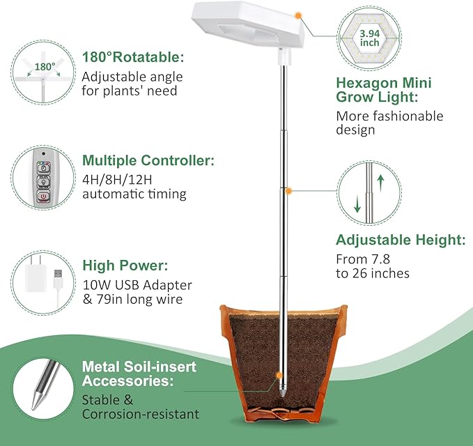 FOXGARDEN Grow Light, Full Spectrum LED Plant Light for Indoor Plants, Growing Lamp with Auto On/Off Timer 4/8/12H, 4 Dimmable Brightness, Height Adjustable, Ideal for Small Plants, 2 Packs