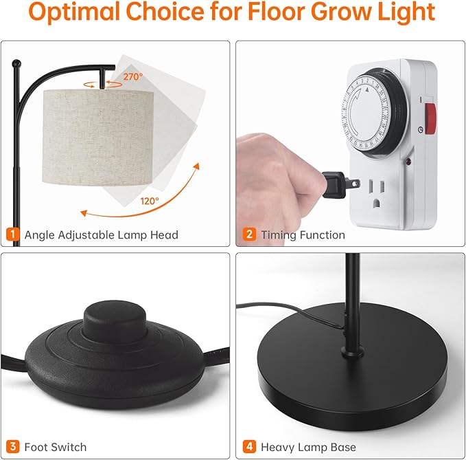 Floor Grow Lights for Indoor Plants Full Spectrum, 3000K Tall Plant Light, 25W Led Grow Light with Stand Floor Lamp with Auto On/Off Timer Function, Angle Adjustable