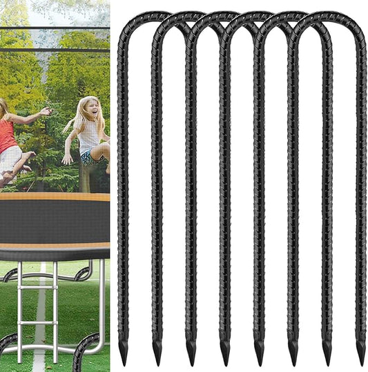 Black Trampoline Stakes Anchors High Wind 16inx10mm Galvanized U Hook 6pcs Rebar Stakes – Heavy Duty Ground Anchors for Trampoline,Yard & Inflatable,Landscape Metal Stakes for Outdoor Decorations