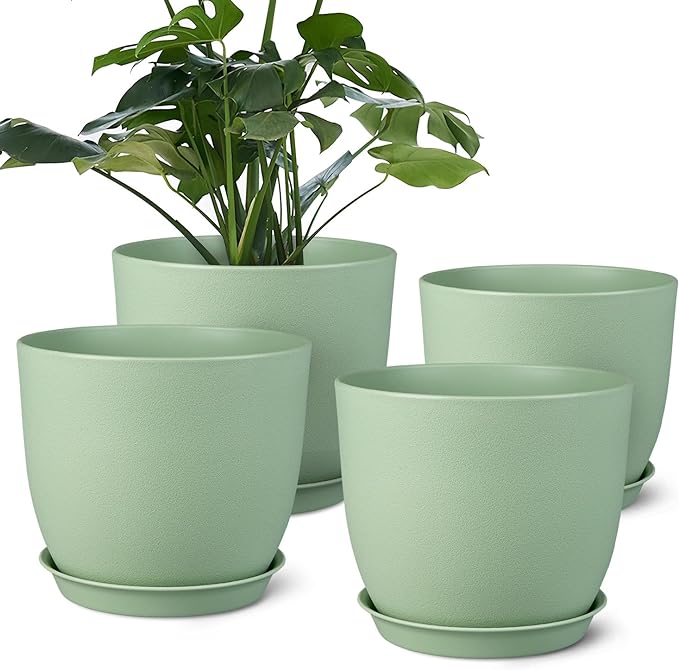 Plant Pots 8 Inch Set of 4, Flower Pots with Multi Mesh Drainage Holes, Planters for Indoor Outdoor Garden Plants and Flowers（Green）