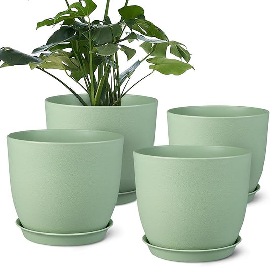Plant Pots 8 Inch Set of 4, Flower Pots with Multi Mesh Drainage Holes, Planters for Indoor Outdoor Garden Plants and Flowers（Green）