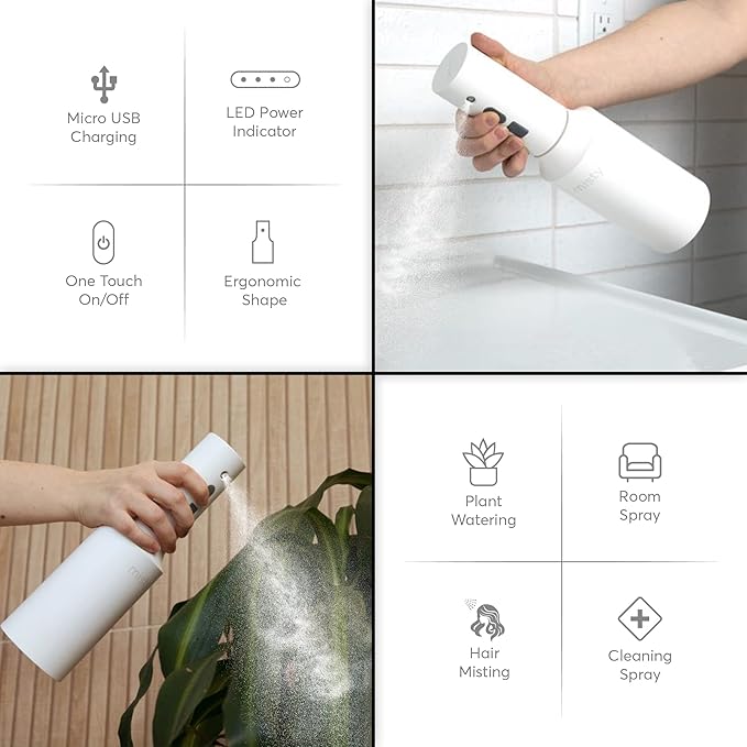 Automatic Electric Spray Bottle Mister - Continuous Rechargeable Battery Sprayer for Misting Plants, Household Cleaning, Hairstyling (25 oz)