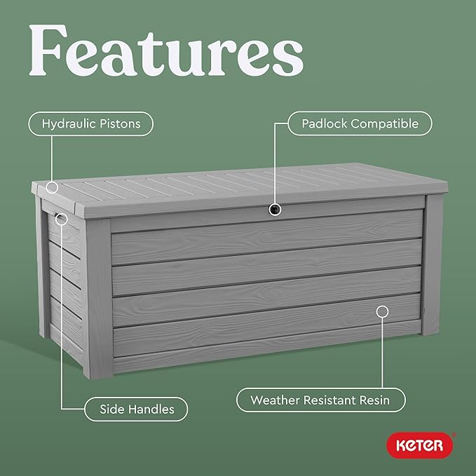 Keter Westwood 150 Gallon Resin Large Outdoor Storage Box for Patio Furniture, Outdoor Cushions, Garden Tools and Pool Floats, Light Grey
