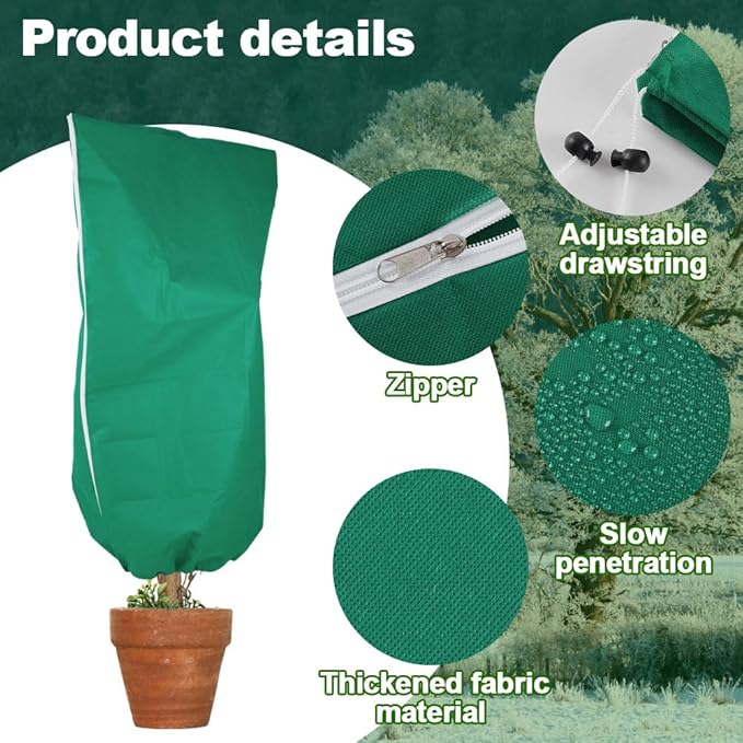 2 Pack Winter Plant Covers Freeze Protection, 47.2" x 70.8" Frost Cloth with Zipper & Drawstring, Winter Tree Covers Bags for Outdoor Plants, Shrubs & Small Trees Protection (Green)