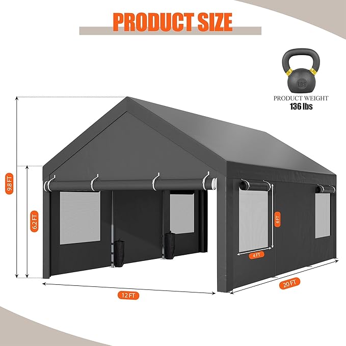 JAMFLY Carport, 12x20 ft Heavy Duty Carport with Roll-up Windows, Portable Garage with Removable Sidewalls & Doors, Car Canopy with Sandbags and All-Season Tarp for Car Boat Truck Motorcycle, Grey