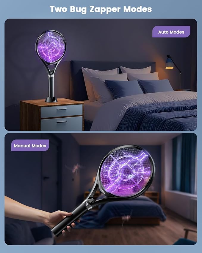 Minimoon Electric Fly Swatter with LED Display, 2000mAh Rechargeable Fly Swatter Racket, 2500V Bug Zapper Racket Dual Modes, Mosquito Killer Lamp with 3 Layers Safety Mesh for Indoor Outdoor Camping