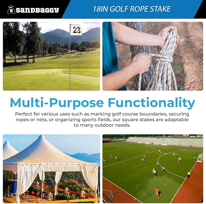 18" Golf Rope Stake - Square Stake (UV Resistant) - Sandbaggy (18-inch, 3, Count)