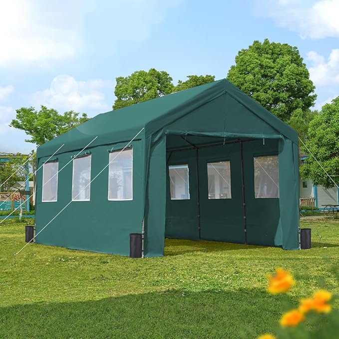 ADVANCE OUTDOOR 12x20 ft Car Canopy Garage Heavy Duty Carport Boat Shelter Party Tent, Adjustable Peak Height from 9.5ft to 11ft, with Removable Window Sidewalls and Doors, Green