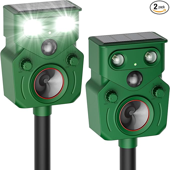 2 Packs Ultrasonic Animal Repeller Solar Powered, Cat Repellent Outdoor with Motion Sensor, Waterproof Deer Deterrent with LED Flash Light, Effective Repels Invasive Animal for Raccoon, Skunk, Dog