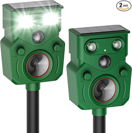 2 Packs Ultrasonic Animal Repeller Solar Powered, Cat Repellent Outdoor with Motion Sensor, Waterproof Deer Deterrent with LED Flash Light, Effective Repels Invasive Animal for Raccoon, Skunk, Dog