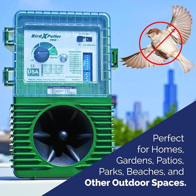Bird-X Woodpecker PRO Electronic Bird Preventer, Sonic Decoy Device, Perfect for Woodpeckers and Sparrows, Covers up to 1 Acre, 3-5 kHz Frequency, 6" x 8.5" x 4"