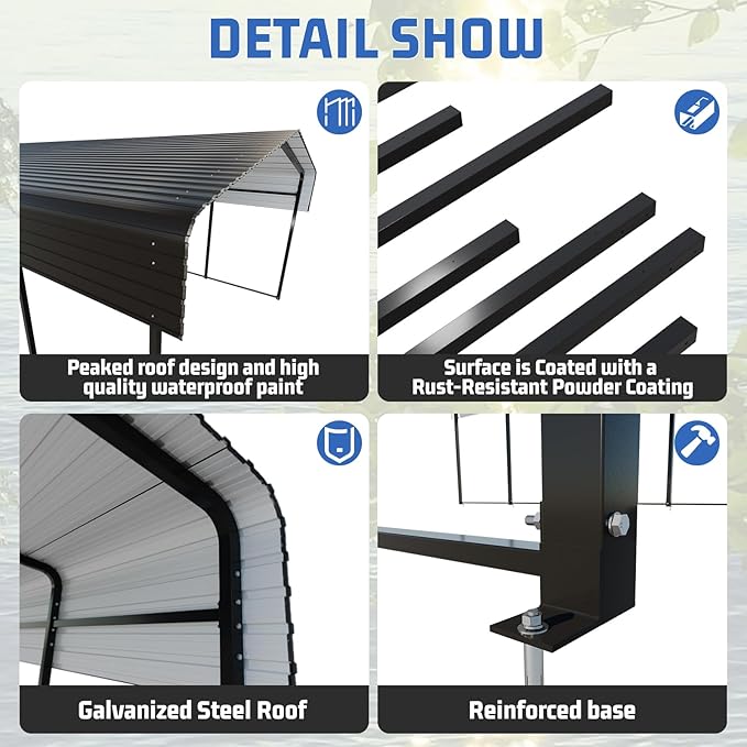 Metal Carport 10 * 15 FT Heavy Duty Carport Canopy with Galvanized Steel Roof Multi-Use Shelter Outdoor Portable Garage for Car, Boat, Pickup and Tractor
