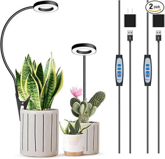 Plant Light 2 Pack, Clip on Grow Lights for Indoor Plants, LED Full Spectrum Halo Grow Lamp with, 6/12/16H Timer, 5 Dimmable, 3 Modes, 2 Installation Options Clip or Plug