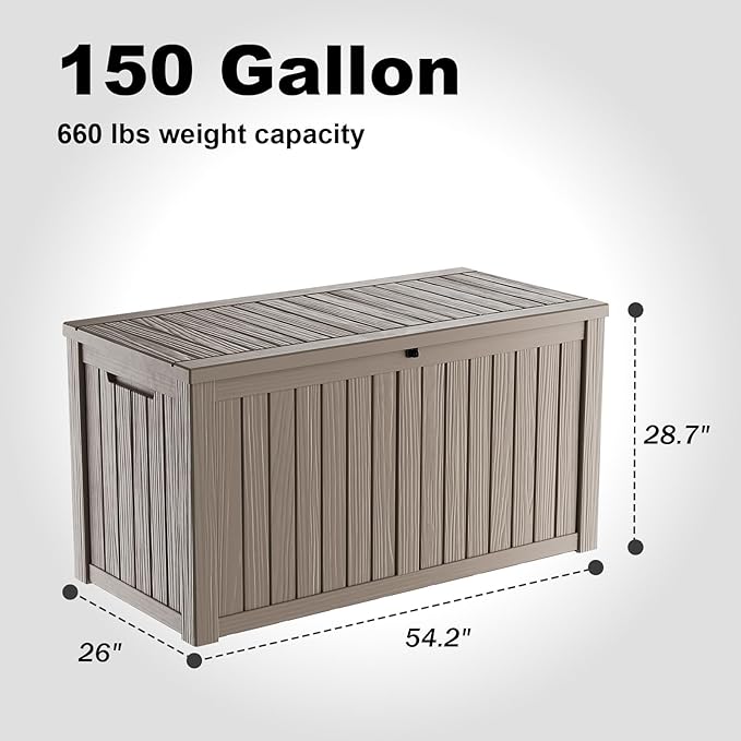 DRATO 150 Gallon Outdoor Storage Box, Large Waterproof Deck Box, Lockable Resin Storage Container with Reinforced Support for Patio Cushions, Garden Tools, UV-Resistant Outdoor Chest（Black）