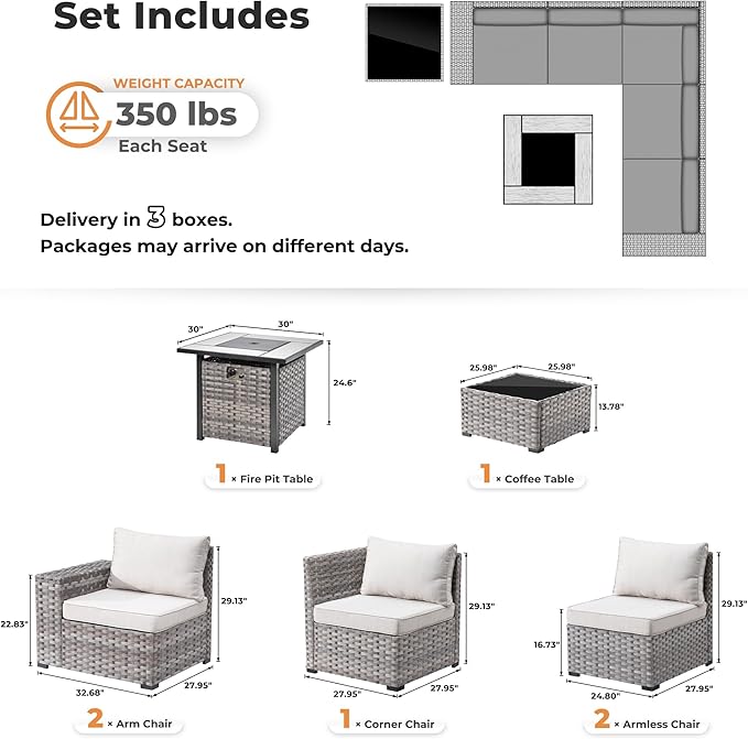 ovios 7 Pieces Patio Furniture Set, Outdoor Wicker Sectional Sofa with 30 Inch Fire Pit Table Comfy Cushions, Modern Modular Deep Seat Rattan Couch Conversation Set, Beige