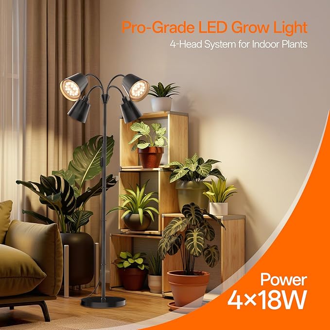 Grow Lights for Indoor Plants, 4 Head Floor Grow Light Stand with Flexible Gooseneck, 3800K Full Spectrum Non-Dimmable Light for Plants Growing, 59" Tall Standing Grow Light with Smart Timer