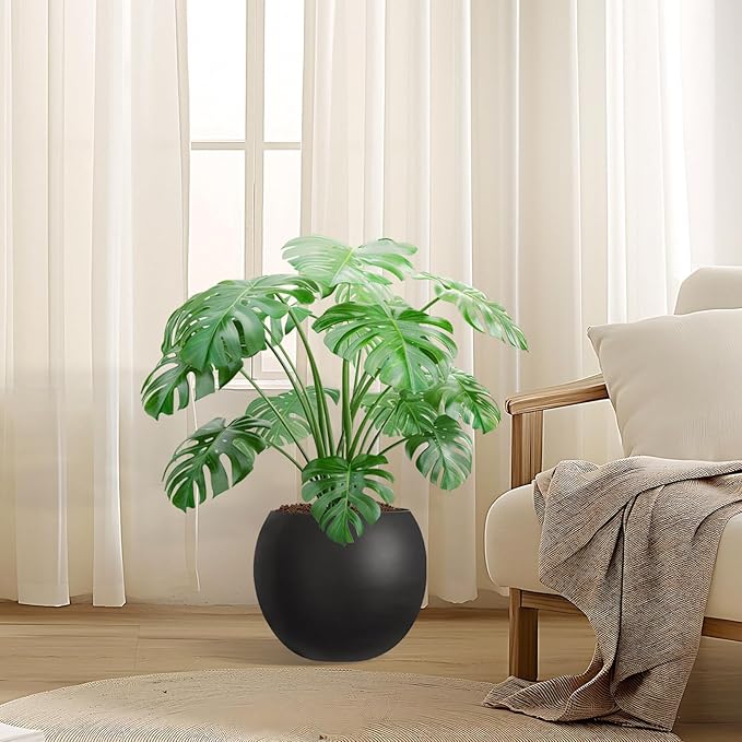 YOLENY 17.7'' Dia Large Round Planter with Drainage Hole, Sphere Planter Outdoor Indoor Plant Flower Pot with Rubber Plug for Garden Patio Balcony Home, Black