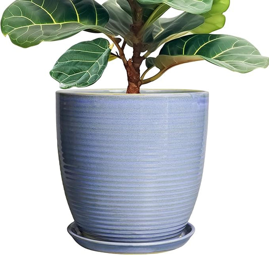 Ceramic Planter - Modern Round 12 Inch Pots for Plants with Drainage Hole and Plant Saucer for Flower Indoor, Garden Room Home Office House Decor, House Warming Gifts, Blue-Purple