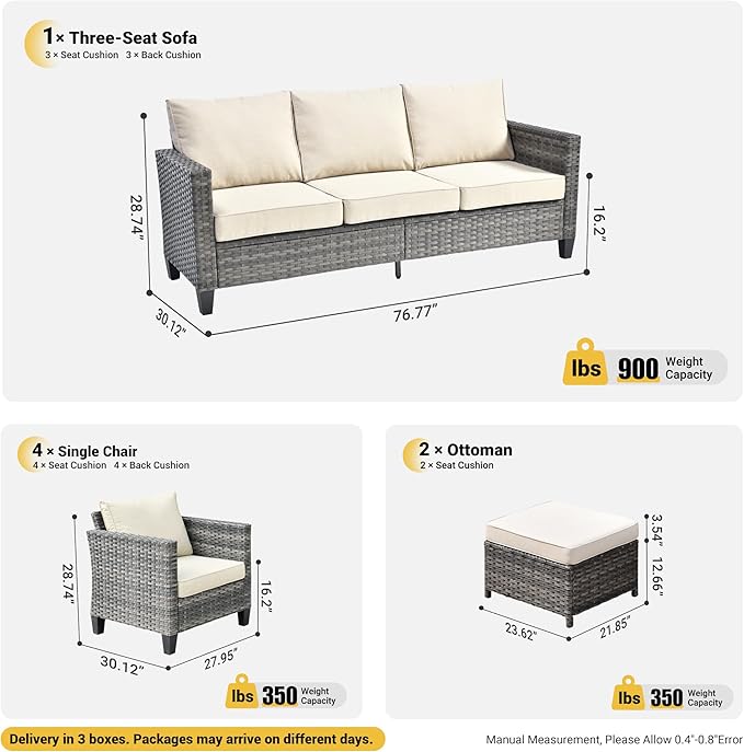 ovios Patio Furniture Set, 7 Pieces Outdoor Wicker Sofa Couch with 4 Chairs, Ottomans and Comfy Cushions, All Weather High Back Rattan Conversation Set, Beige
