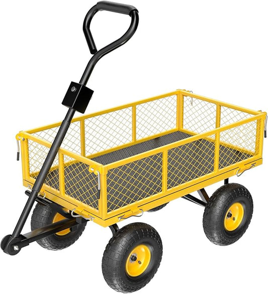 VINGLI Heavy Duty 880 LBS Mesh Steel Garden Cart, Dump Detachable Utility Wheelbarrow, Yard and Garden Wagon Cart with Removable Sides and 10 Inch Wheels(Yellow)