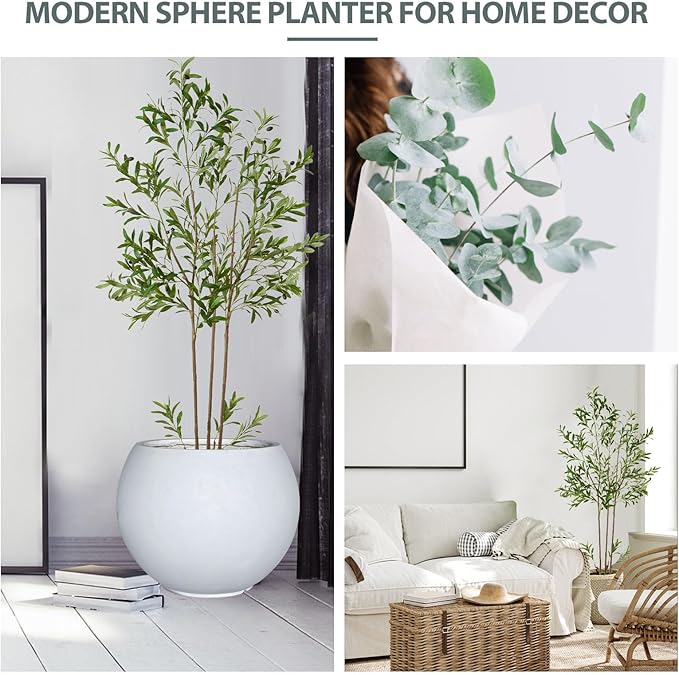 17 H x 21" Dia (15" Pot Opening) Round Fiberstone Planter with Drainage Hole, White, Indoor/Outdoor Large Plant Pot for Home Patio Garden, Ideal for Large Plants