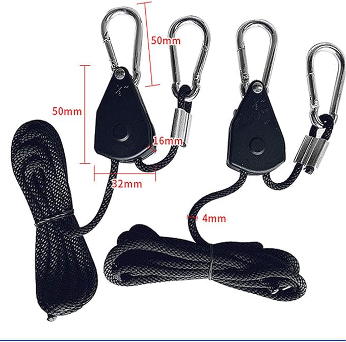 Grow Light Rope Hanger 50Pairs，1/8" 8-Feet Long Heavy Duty Adjustable Rope Clip Hanger, Adjustable Rope Ratchet Hangers 150 Lbs per Pair Used with Grow Light, Grow Bags