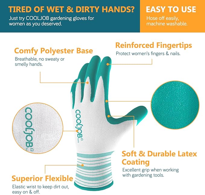 COOLJOB 2 Pairs Gardening Gloves for Women Ladies, Breathable Rubber Coated for Yard Garden, Outdoor Indoor Protective Work with Grip, Small Size, Red & Green