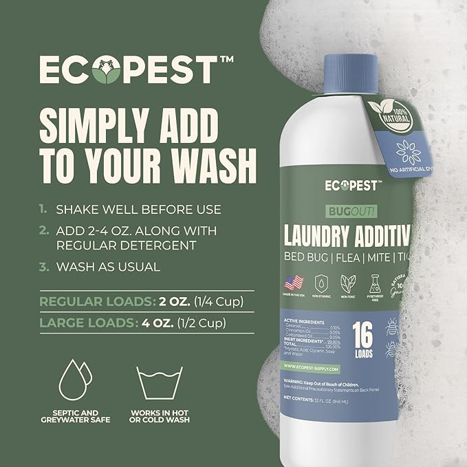 BugOut! Laundry Additive – Natural Detergent Booster for Bed Bug, Mite, Flea, & Tick Treatment & Prevention | Plant-Based Killer, Made with Fabric-Safe Soap | Works in Hot and Cold Wash (32 Oz)