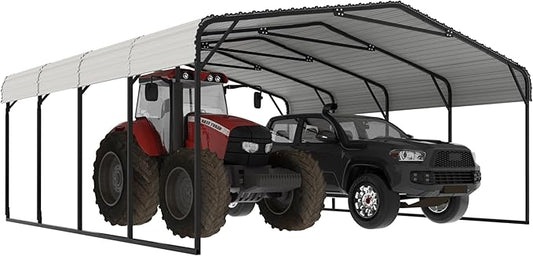 20x20 FT Carport with Metal Roof, Heavy Duty Metal Carport Canopy, Garage Car Shelter Shade for Outdoor, Car, Truck, Eggshell