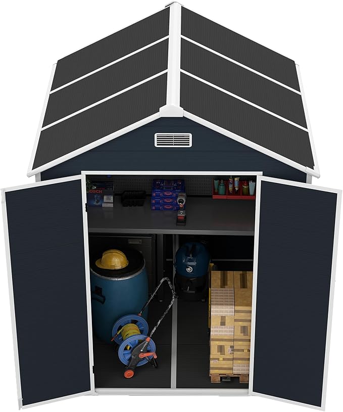 Outdoor Storage Shed 6x6 FT, Resin Shed with Floor & Window, Lockable Door, Vents, Outside Sheds & Garden Shed for Patio Furniture, Gardening Tools, Pool Equipment (Dark Gray, 6 * 6ft)