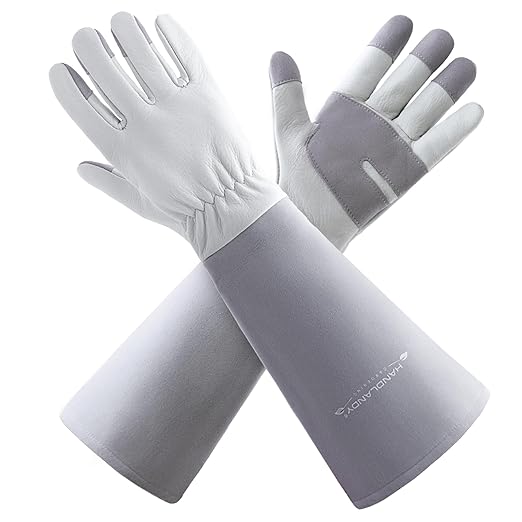 HLDD HANDLANDY Gardening Gloves for Women & Men, Leather Long Sleeve Rose Pruning Glove, Thorn Proof Garden Work Gauntlet Animal Handling Gloves (Large, Gray)