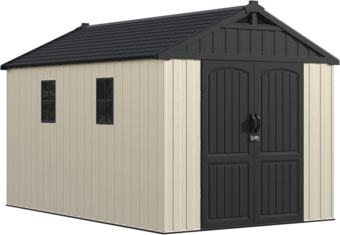 Greesum 8x12 FT Plastic Outdoor Storage Shed with Floor, Resin Sheds with Window and Lockable Door, Weather Resistant Organization for Garden, Patio, Pool Supplies, Beige