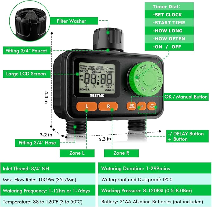 [2 Pack] RESTMO 2 Zone Sprinkler Timer, Programmable Water Timer for Garden Hose, Automatic Digital Control | Manual ON/Off | Rain Delay for Outdoor Faucet, Drip Irrigation and Lawn Watering System