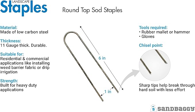 Sandbaggy Round Top 6-Inch Landscape Staples ~ SOD Garden Stakes Square Pin for Ground Cover Fabric & Drip Irrigation Tubing (100 Staples)