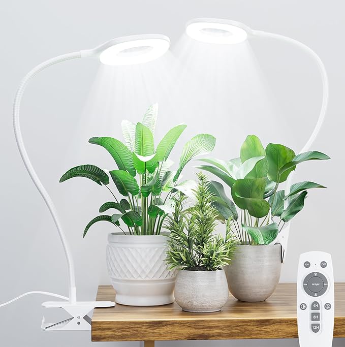 Grow Lights for Indoor Plants Full Spectrum, Clip On LED Plant Light, Plant Growing Lamp with 4/8/12H Timer, 3 Light Modes, 10 Dimmable Levels, Adjustable Gooseneck, Remote Control, 2-Pack