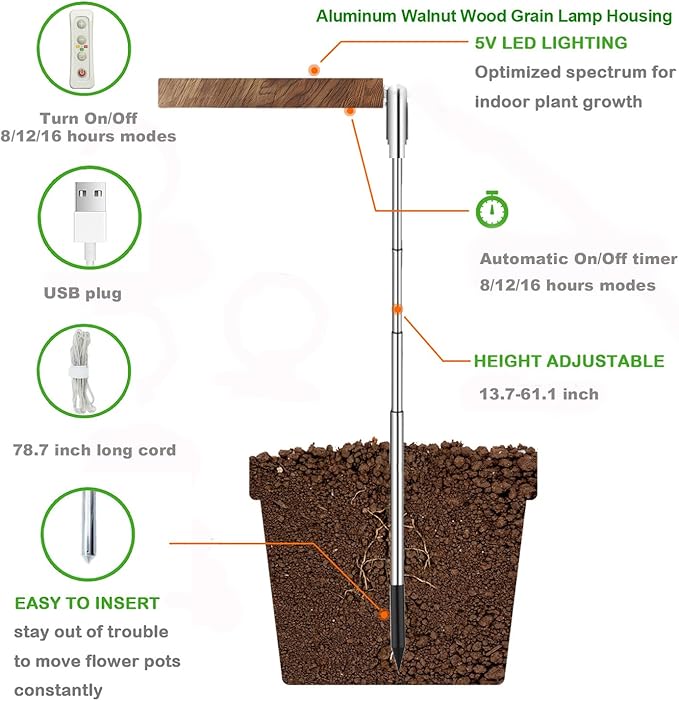 yadoker Plant Grow Light, LED Growing Light Full Spectrum for Indoor Plants,Aluminum Walnut Wood Grain Plant Lights,Height Adjustable, Automatic Timer, 5V Low Safe Voltage,Idea for Large